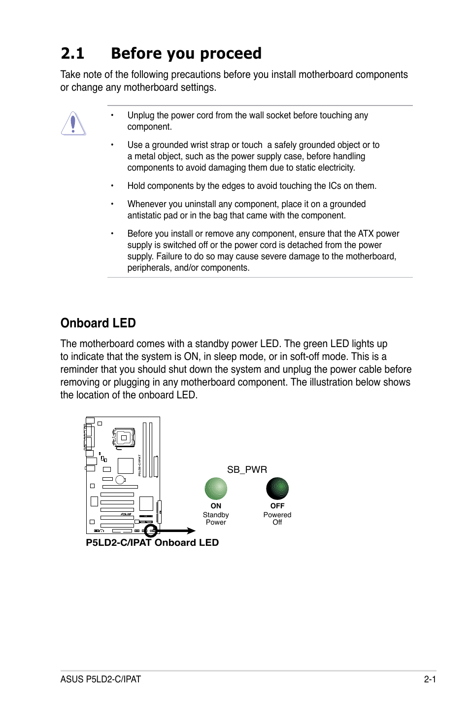 1 before you proceed, Onboard led | Asus P5LD2-C/IPAT User Manual | Page 21 / 96