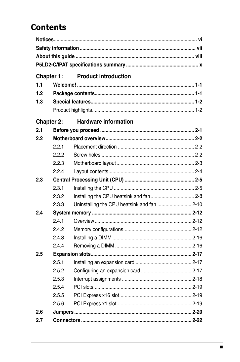 Asus P5LD2-C/IPAT User Manual | Page 3 / 96