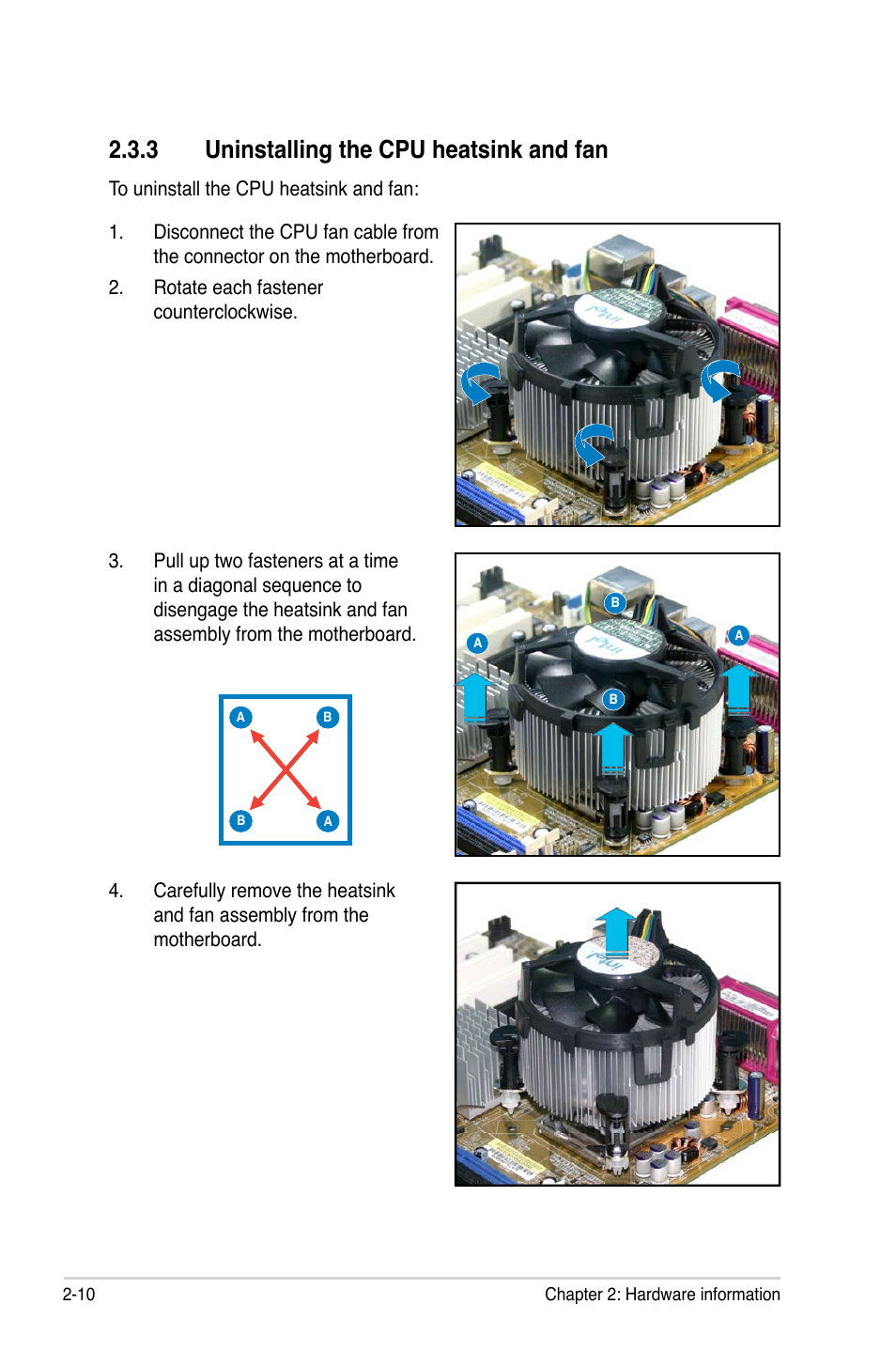 3 uninstalling the cpu heatsink and fan | Asus P5LD2-C/IPAT User Manual | Page 30 / 96