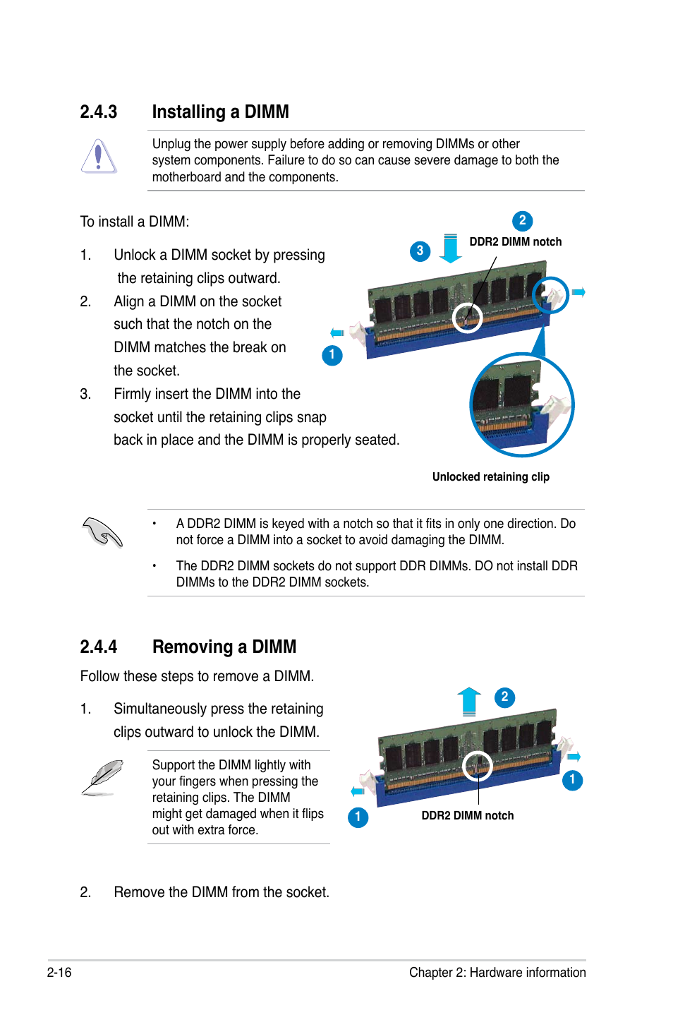 3 installing a dimm, 4 removing a dimm | Asus P5LD2-C/IPAT User Manual | Page 36 / 96