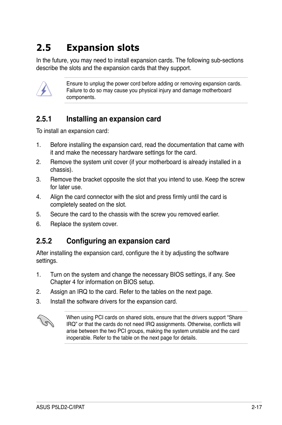 5 expansion slots, 1 installing an expansion card, 2 configuring an expansion card | Asus P5LD2-C/IPAT User Manual | Page 37 / 96