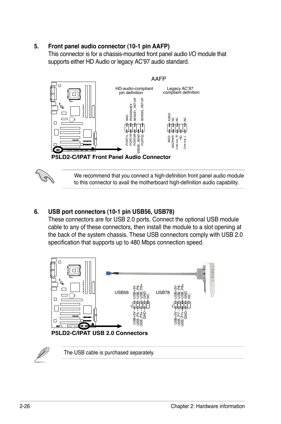 26 chapter 2: hardware information, The usb cable is purchased separately, P5ld2-c/ipat front panel audio connector | Aafp, P5ld2-c/ipat usb 2.0 connectors | Asus P5LD2-C/IPAT User Manual | Page 46 / 96