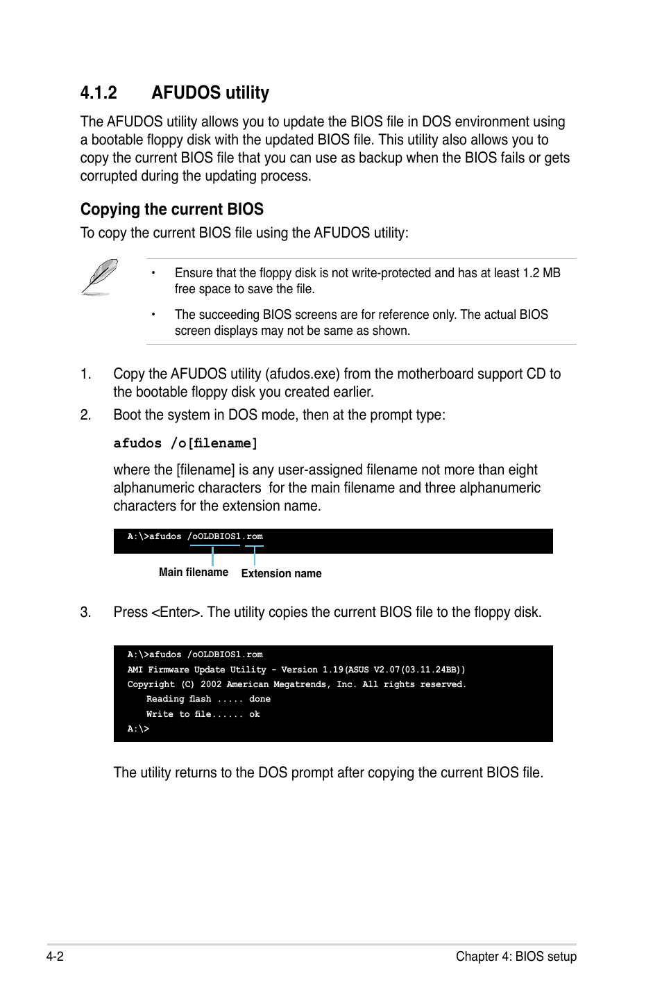 2 afudos utility, Copying the current bios | Asus P5LD2-C/IPAT User Manual | Page 58 / 96