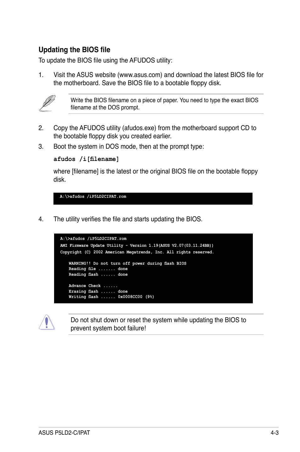 Updating the bios file | Asus P5LD2-C/IPAT User Manual | Page 59 / 96