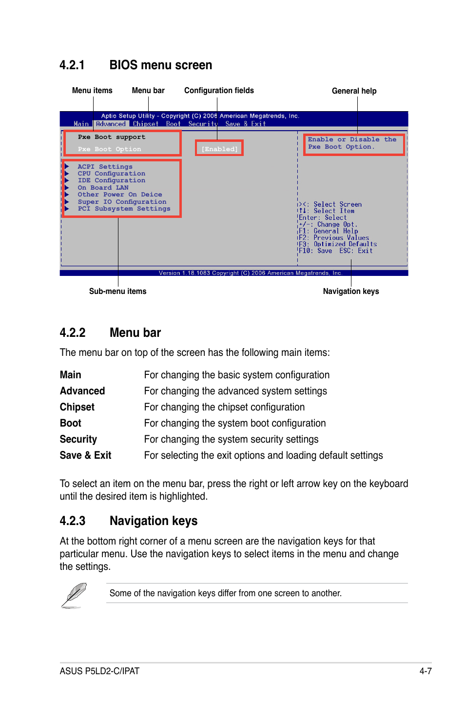 2 menu bar, 3 navigation keys, 1 bios menu screen | Asus P5LD2-C/IPAT User Manual | Page 63 / 96