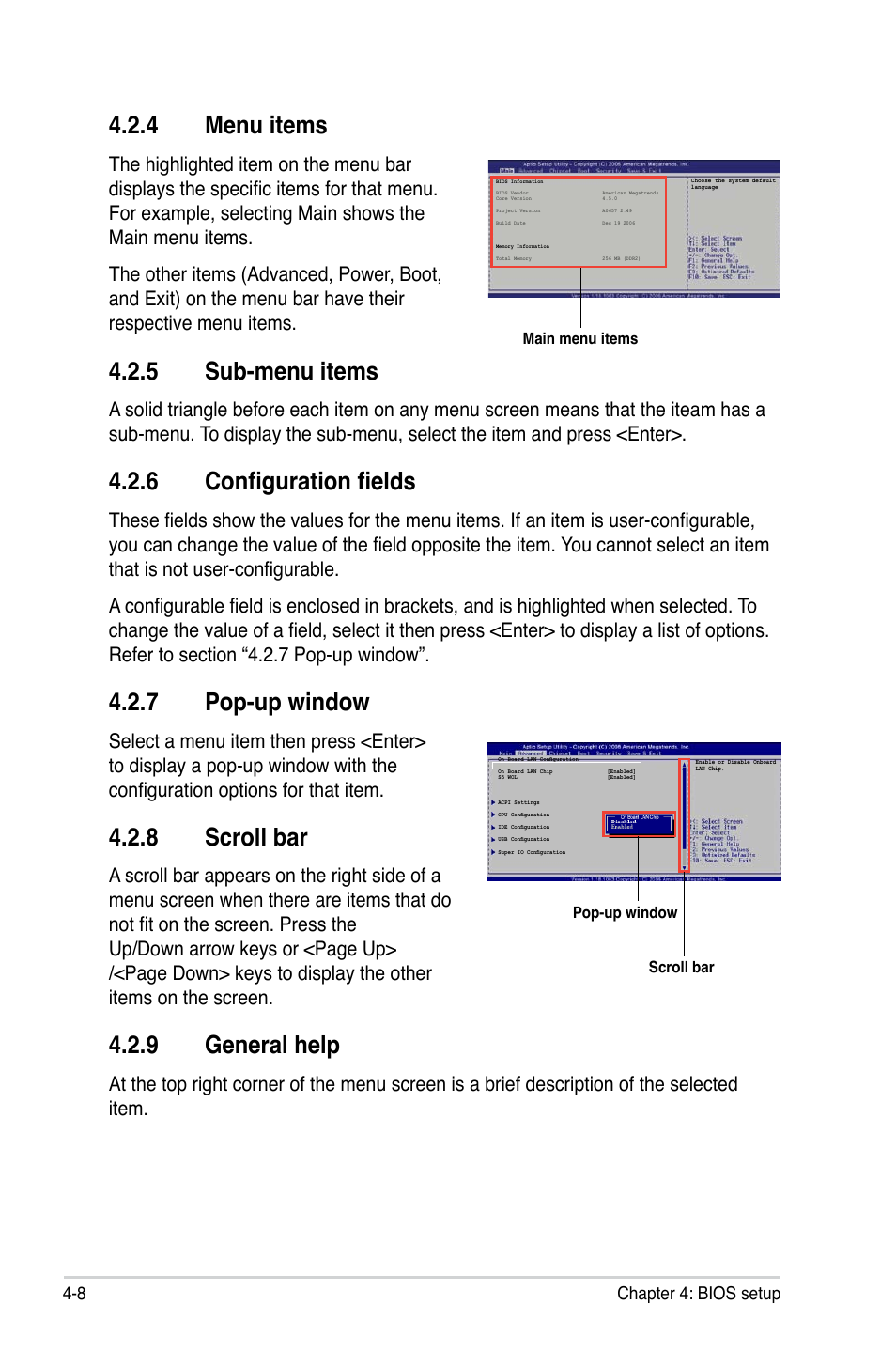 4 menu items, 5 sub-menu items, 6 configuration fields | 7 pop-up window, 8 scroll bar, 9 general help | Asus P5LD2-C/IPAT User Manual | Page 64 / 96