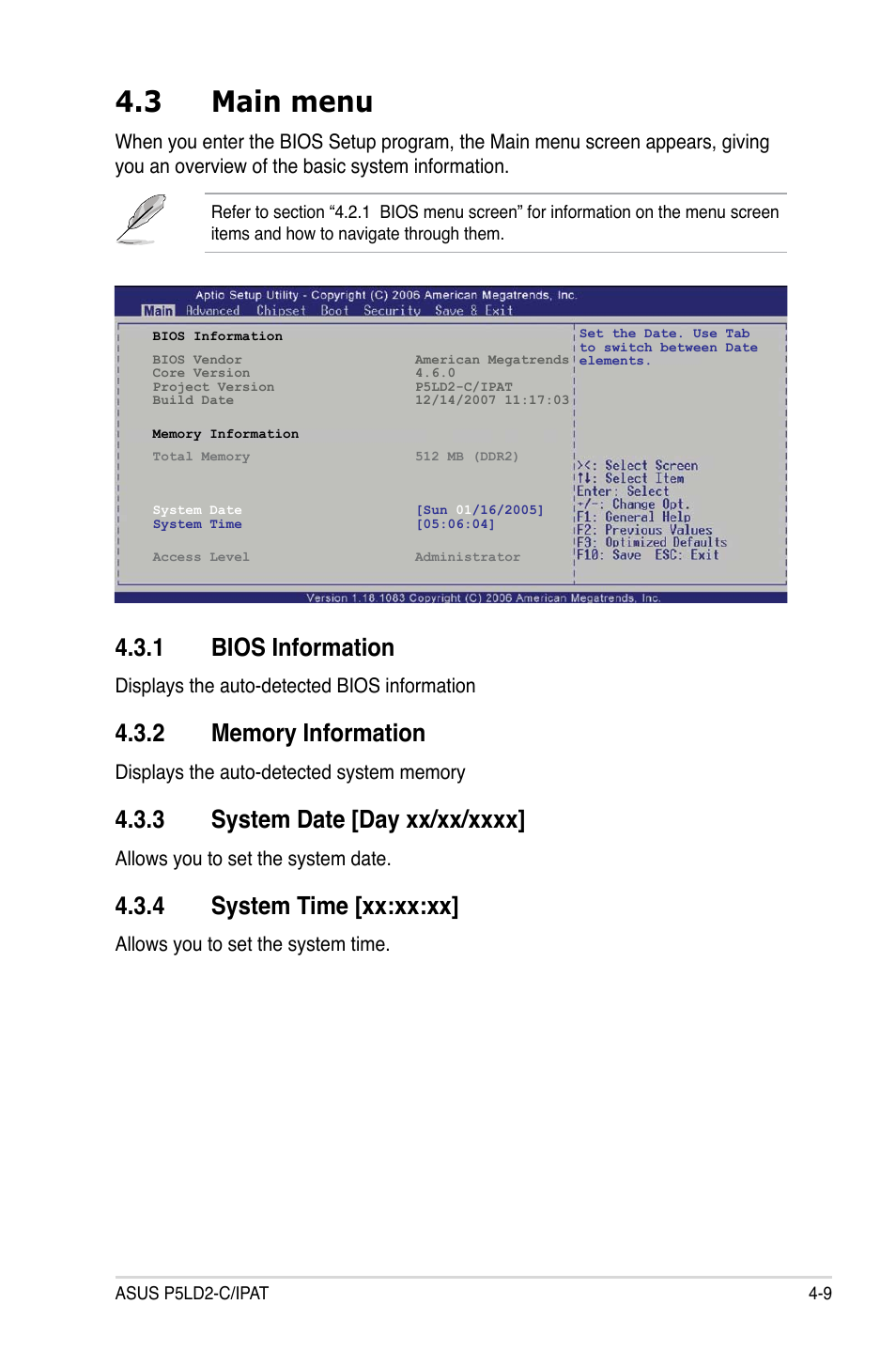 3 main menu, 1 bios information, 4 system time [xx:xx:xx | Asus P5LD2-C/IPAT User Manual | Page 65 / 96