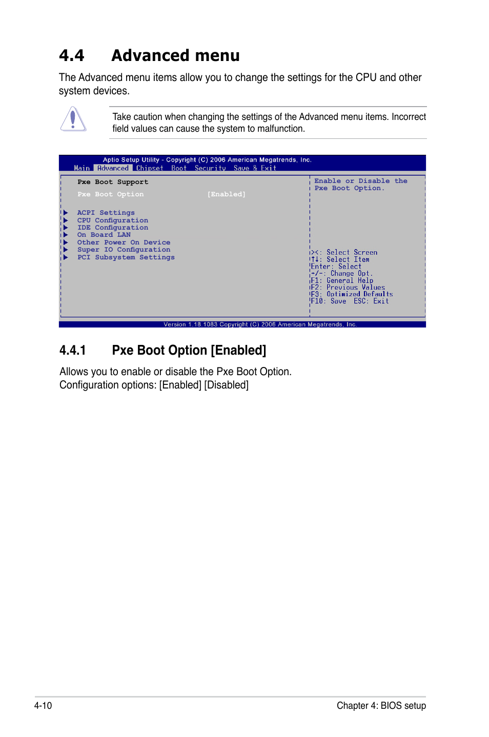 4 advanced menu, 1 pxe boot option [enabled | Asus P5LD2-C/IPAT User Manual | Page 66 / 96