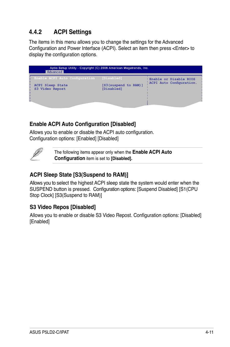 2 acpi settings, Acpi sleep state [s3(suspend to ram), S3 video repos [disabled | Enable acpi auto configuration [disabled | Asus P5LD2-C/IPAT User Manual | Page 67 / 96