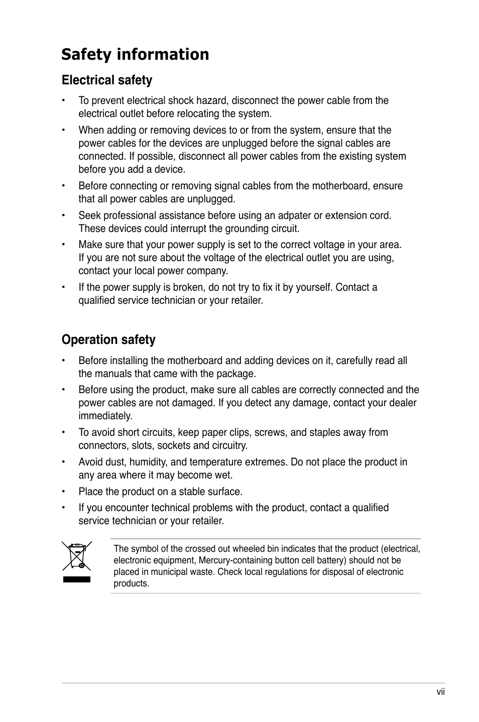 Safety information, Electrical safety, Operation safety | Asus P5LD2-C/IPAT User Manual | Page 7 / 96