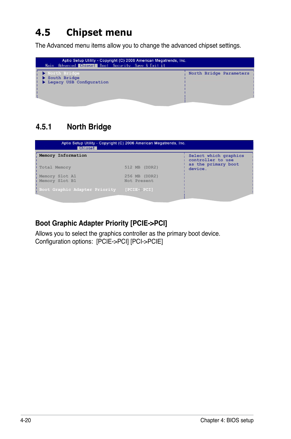 5 chipset menu, 1 north bridge, Boot graphic adapter priority [pcie->pci | Asus P5LD2-C/IPAT User Manual | Page 76 / 96