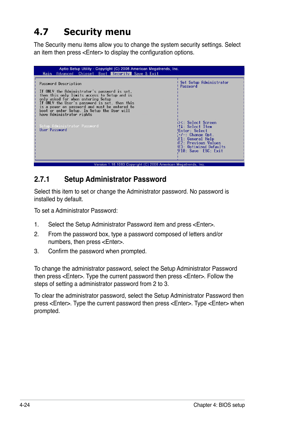 7 security menu, 1 setup administrator password | Asus P5LD2-C/IPAT User Manual | Page 80 / 96