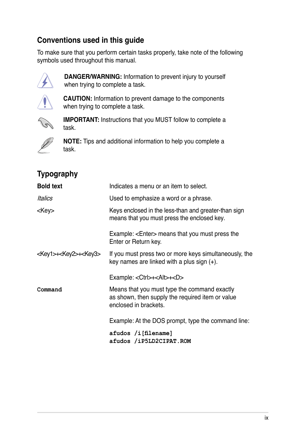 Conventions used in this guide, Typography | Asus P5LD2-C/IPAT User Manual | Page 9 / 96