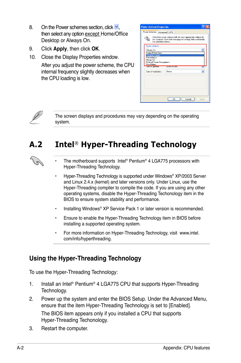 A.2 intel, Hyper-threading technology, Using the hyper-threading technology | Asus P5LD2-C/IPAT User Manual | Page 96 / 96