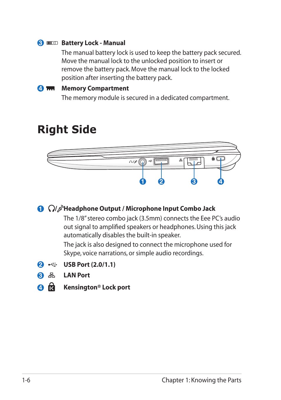 Right side, Right side -6 | Asus Eee PC X101H User Manual | Page 14 / 50