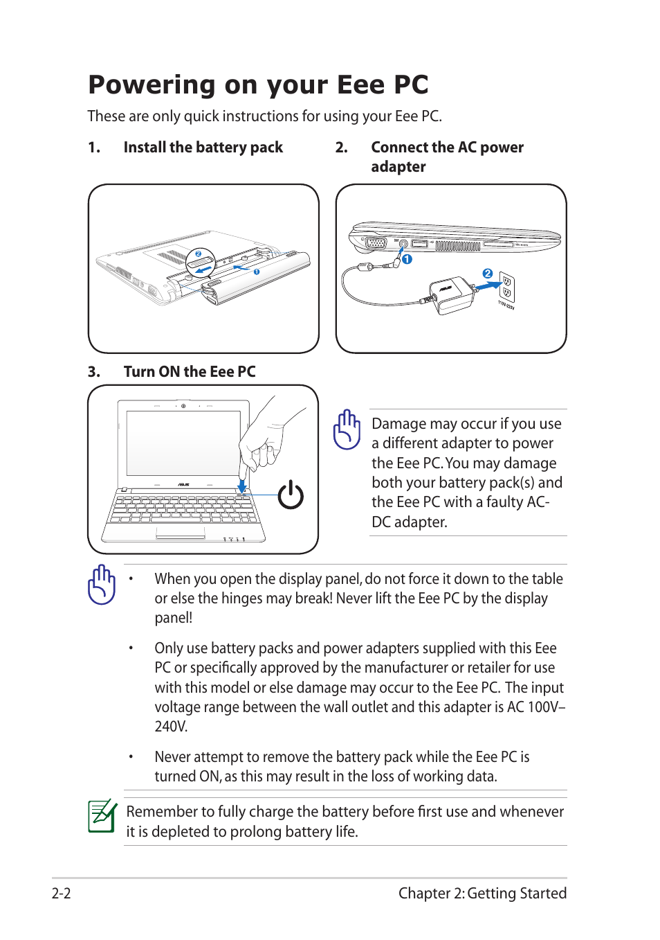 Powering on your eee pc, Powering on your eee pc -2 | Asus Eee PC X101H User Manual | Page 20 / 50