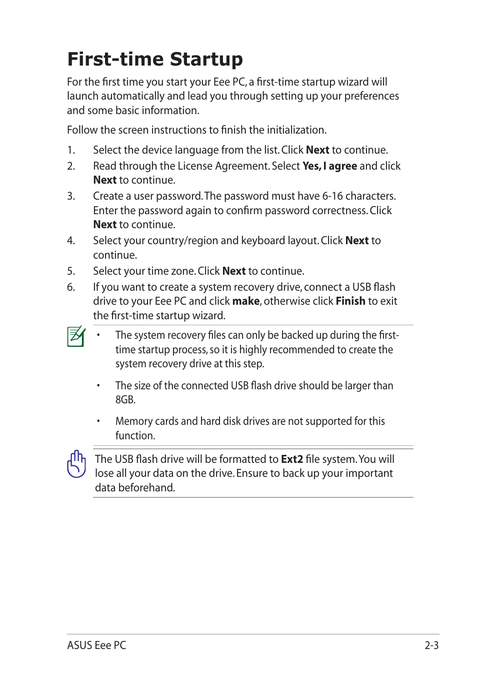 First-time startup, First-time startup -3 | Asus Eee PC X101H User Manual | Page 21 / 50