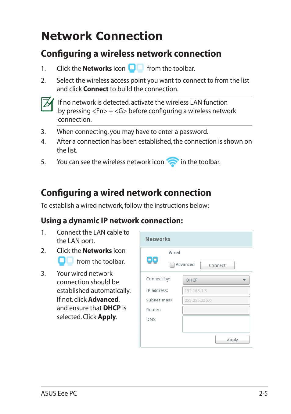 Network connection, Configuring a wireless network connection, Configuring a wired network connection | Network connection -5 | Asus Eee PC X101H User Manual | Page 23 / 50