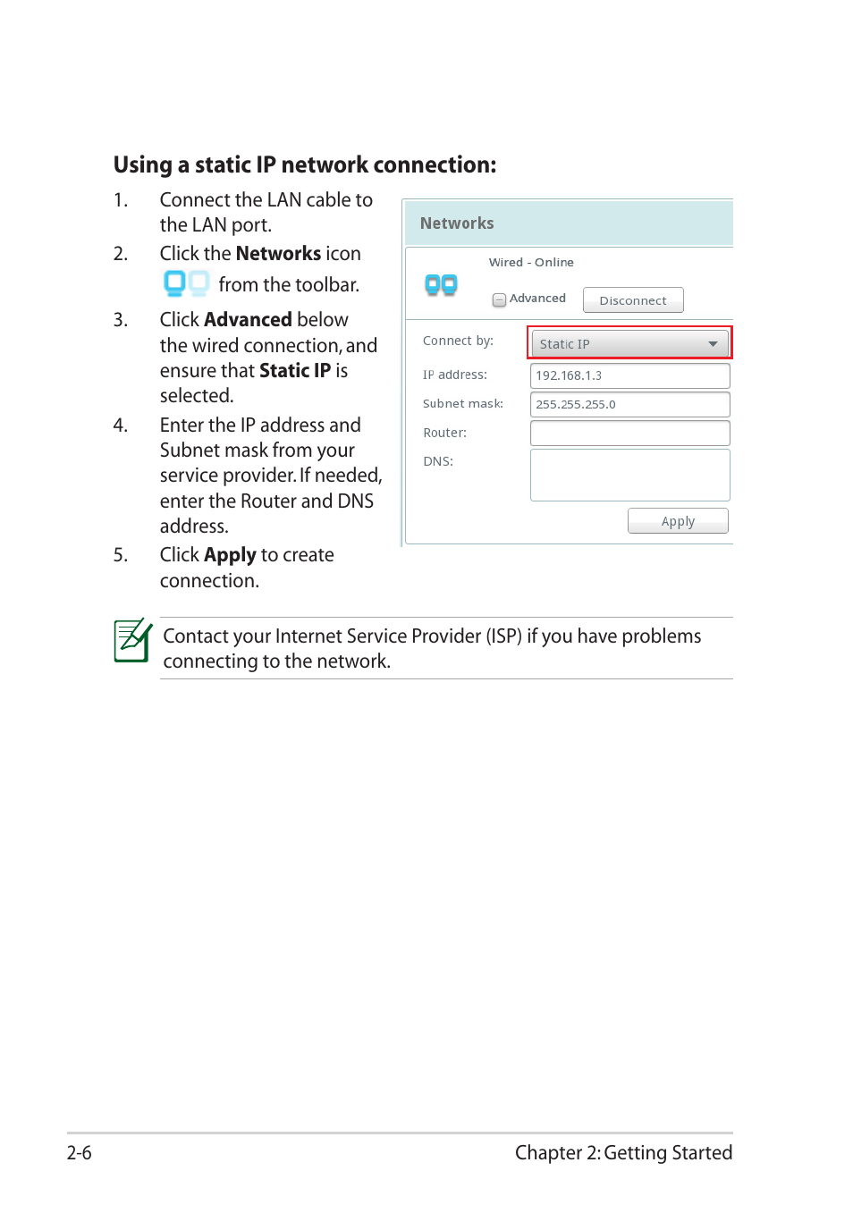 Using a static ip network connection | Asus Eee PC X101H User Manual | Page 24 / 50