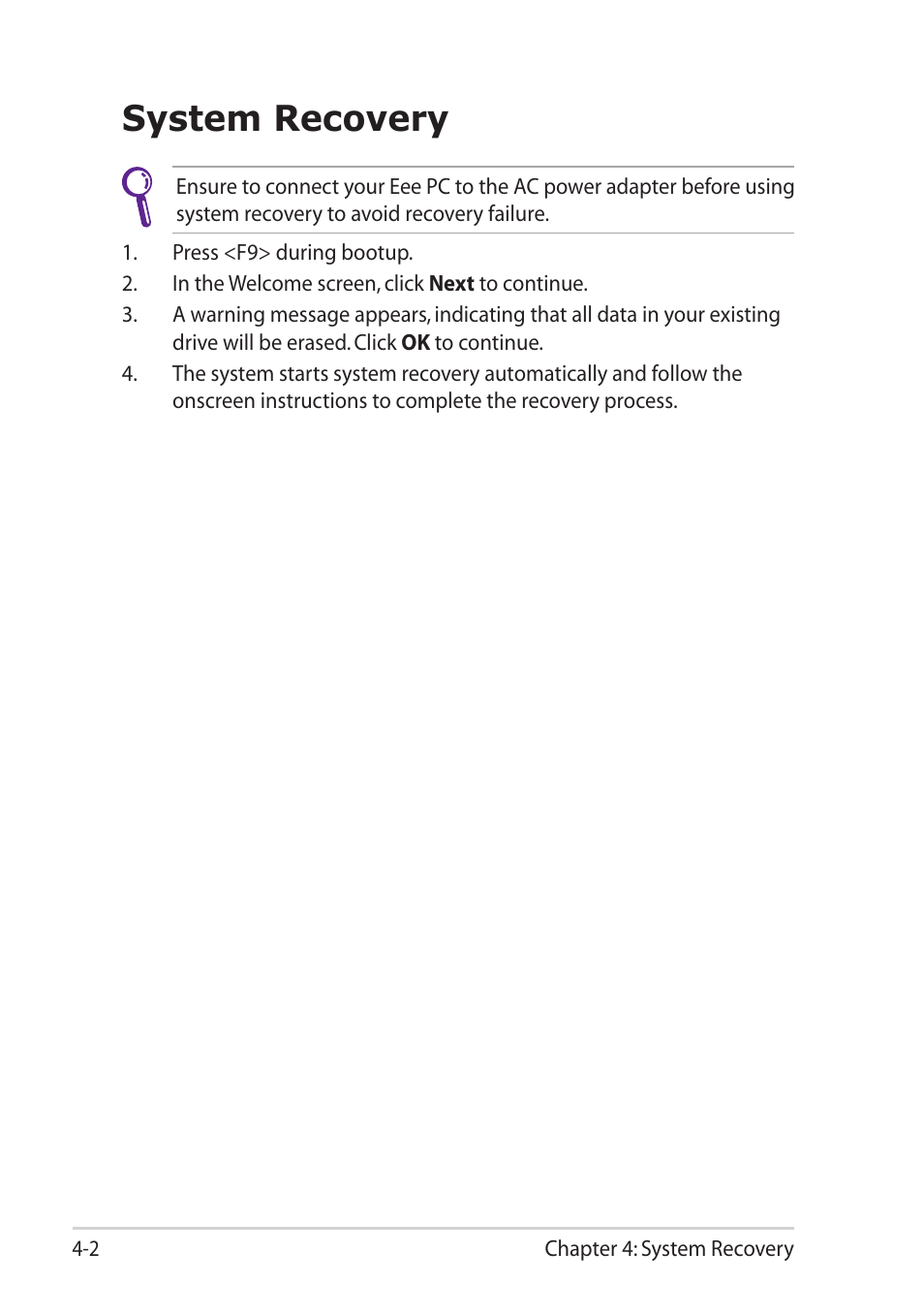 System recovery, System recovery -2 | Asus Eee PC X101H User Manual | Page 36 / 50