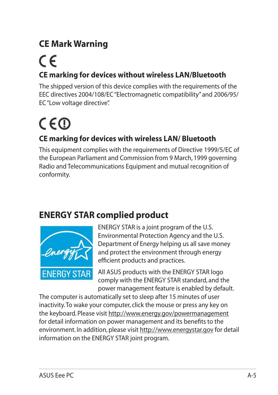 Ce mark warning, Energy star complied product | Asus Eee PC X101H User Manual | Page 41 / 50