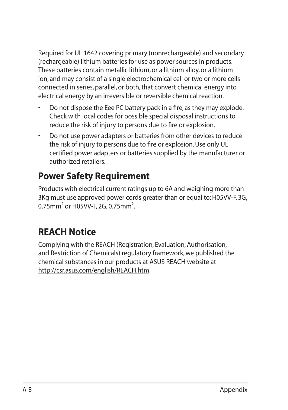 Reach notice, Power safety requirement | Asus Eee PC X101H User Manual | Page 44 / 50