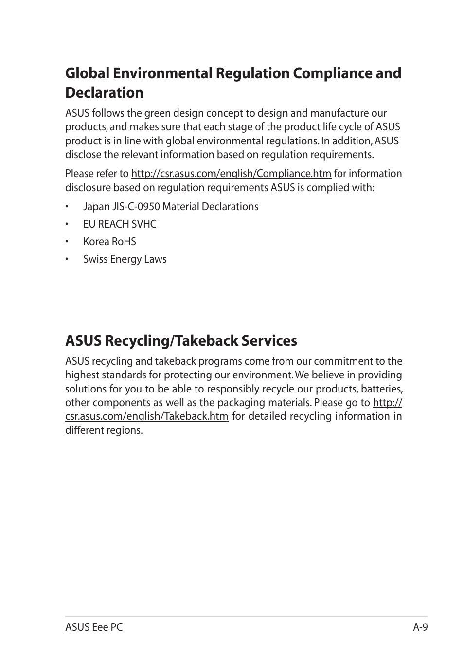 Asus recycling/takeback services | Asus Eee PC X101H User Manual | Page 45 / 50