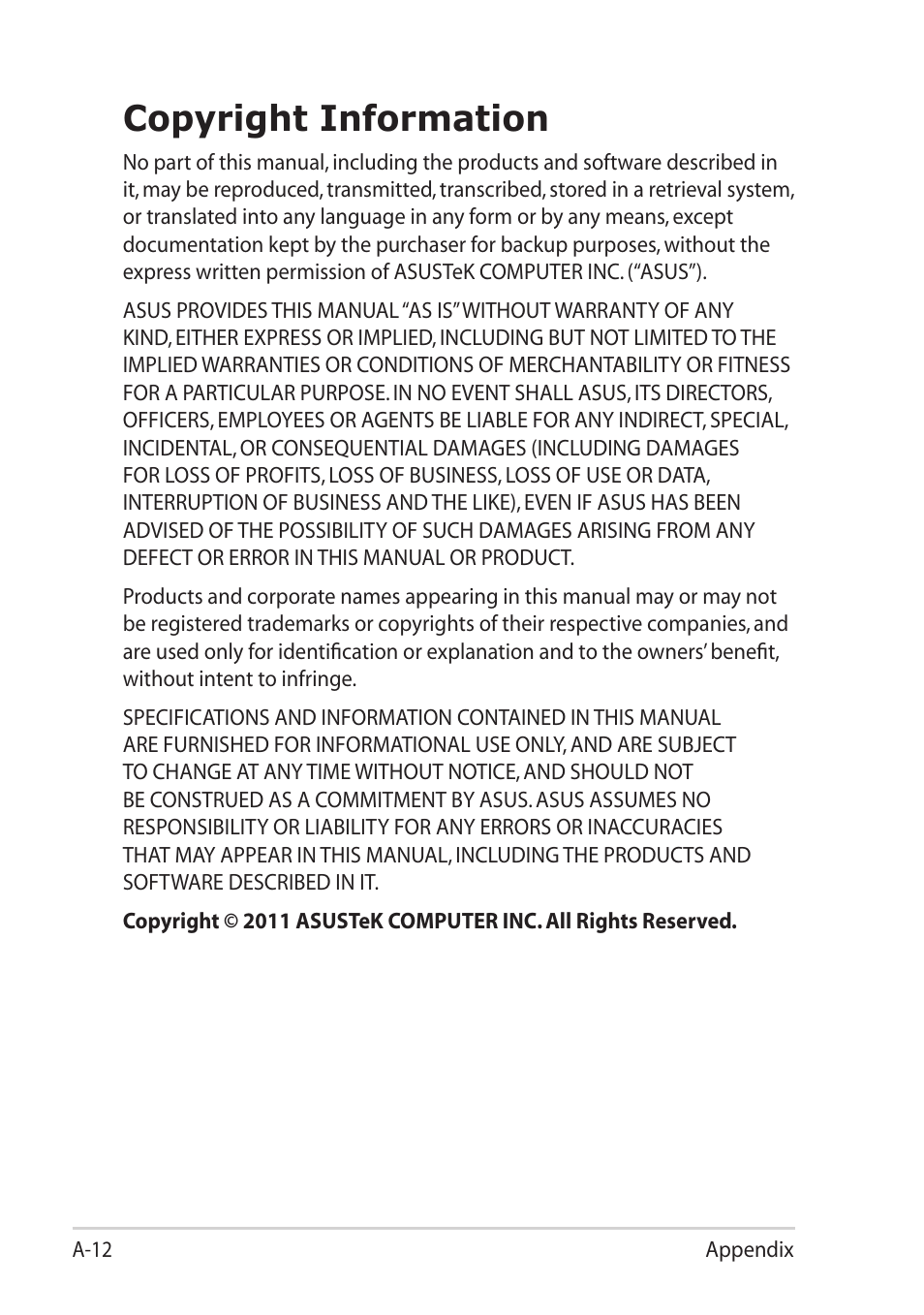 Copyright information | Asus Eee PC X101H User Manual | Page 48 / 50