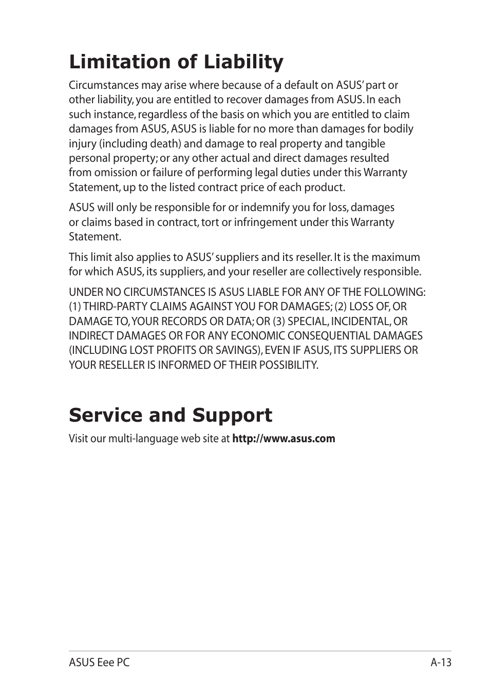 Limitation of liability, Service and support | Asus Eee PC X101H User Manual | Page 49 / 50