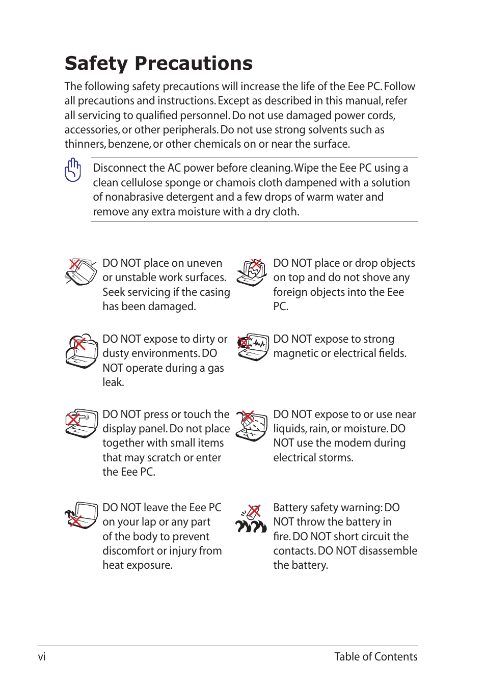 Safety precautions | Asus Eee PC X101H User Manual | Page 6 / 50