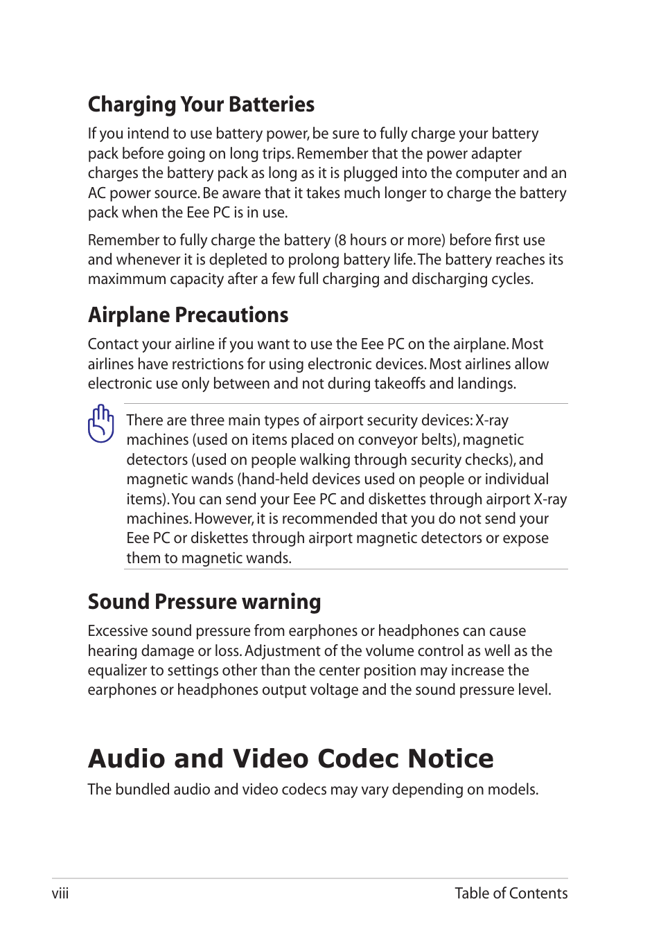 Audio and video codec notice, Charging your batteries, Airplane precautions | Sound pressure warning | Asus Eee PC X101H User Manual | Page 8 / 50