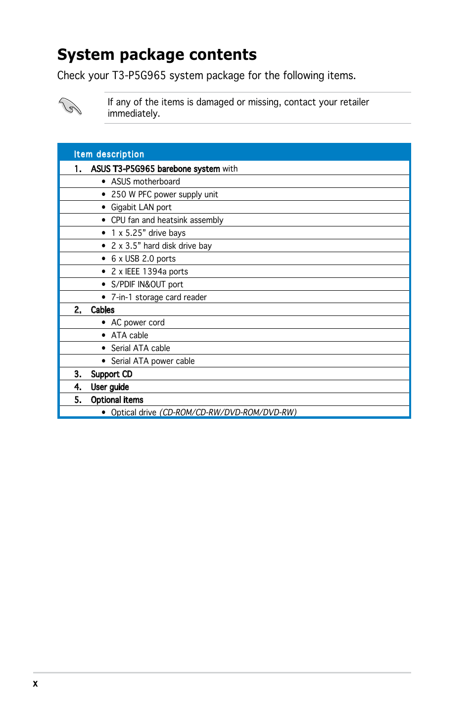 System package contents | Asus T3-PH1 User Manual | Page 10 / 82