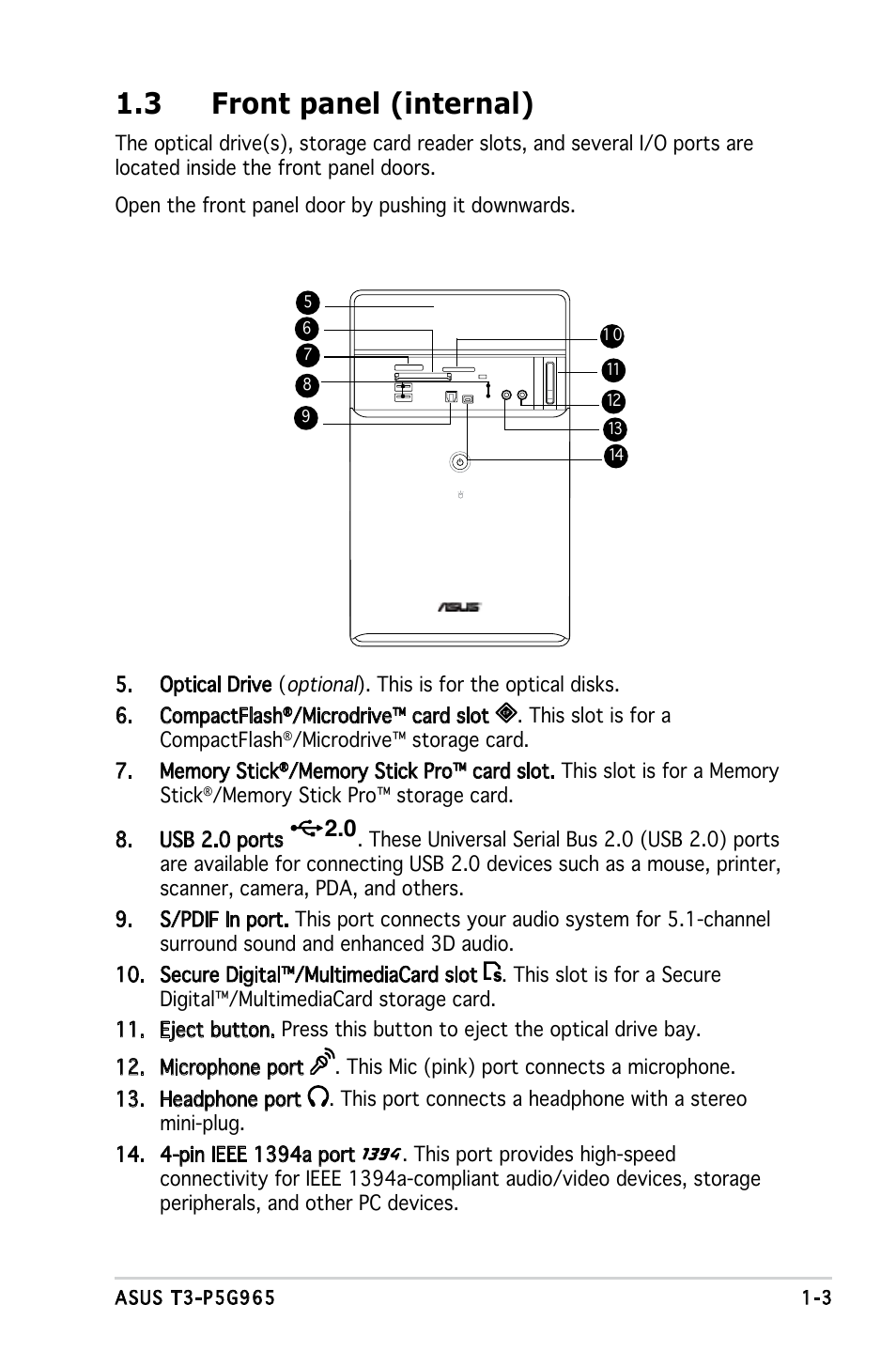 3 front panel (internal) | Asus T3-PH1 User Manual | Page 13 / 82