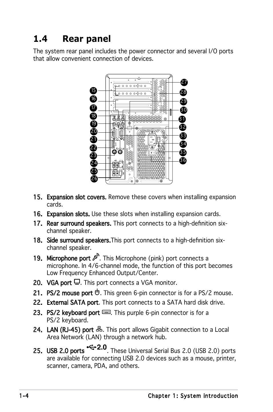 4 rear panel, 4 chapter 1: system introduction | Asus T3-PH1 User Manual | Page 14 / 82