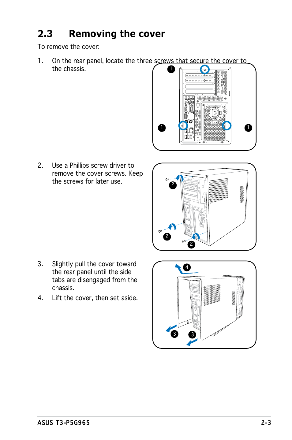 3 removing the cover | Asus T3-PH1 User Manual | Page 19 / 82