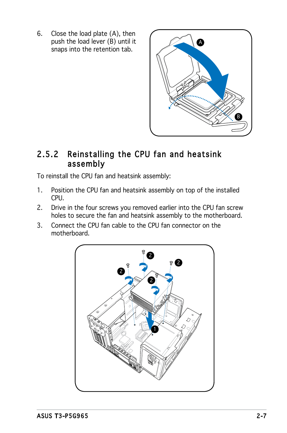 2 reinstalling the cpu fan and heatsink assembly | Asus T3-PH1 User Manual | Page 23 / 82