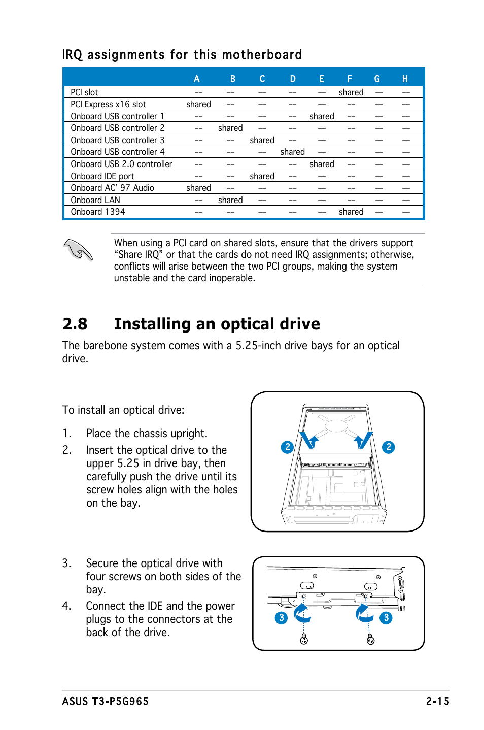 8 installing an optical drive, Irq assignments for this motherboard | Asus T3-PH1 User Manual | Page 31 / 82