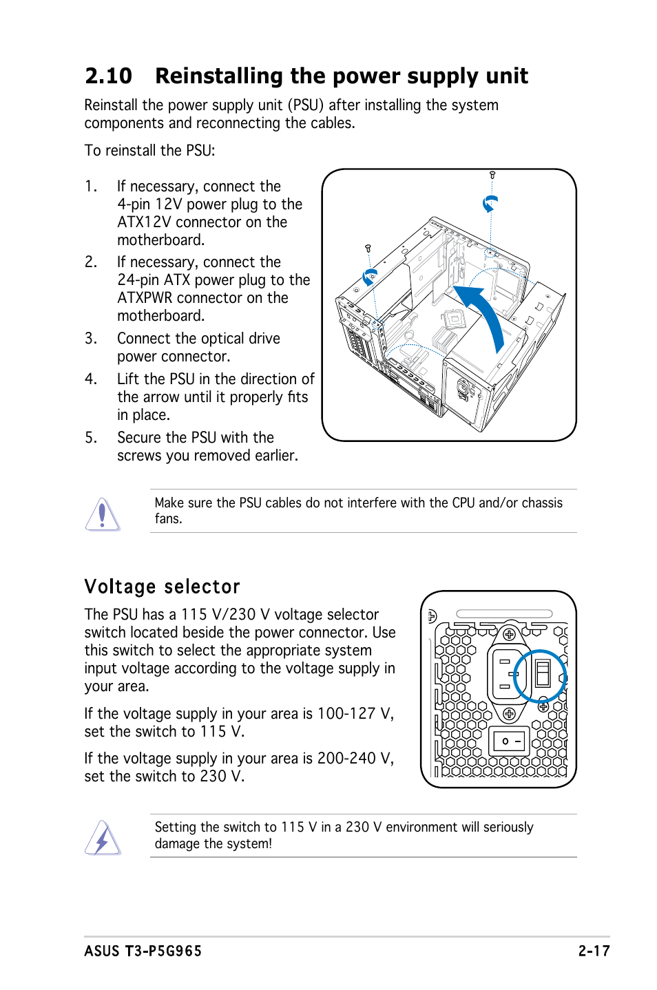 10 reinstalling the power supply unit, Voltage selector | Asus T3-PH1 User Manual | Page 33 / 82