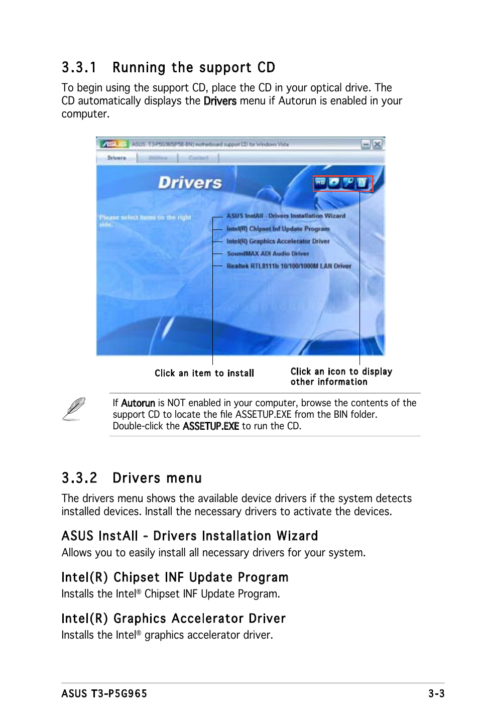 1 running the support cd, 2 drivers menu, Asus install - drivers installation wizard | Intel(r) chipset inf update program, Intel(r) graphics accelerator driver | Asus T3-PH1 User Manual | Page 37 / 82