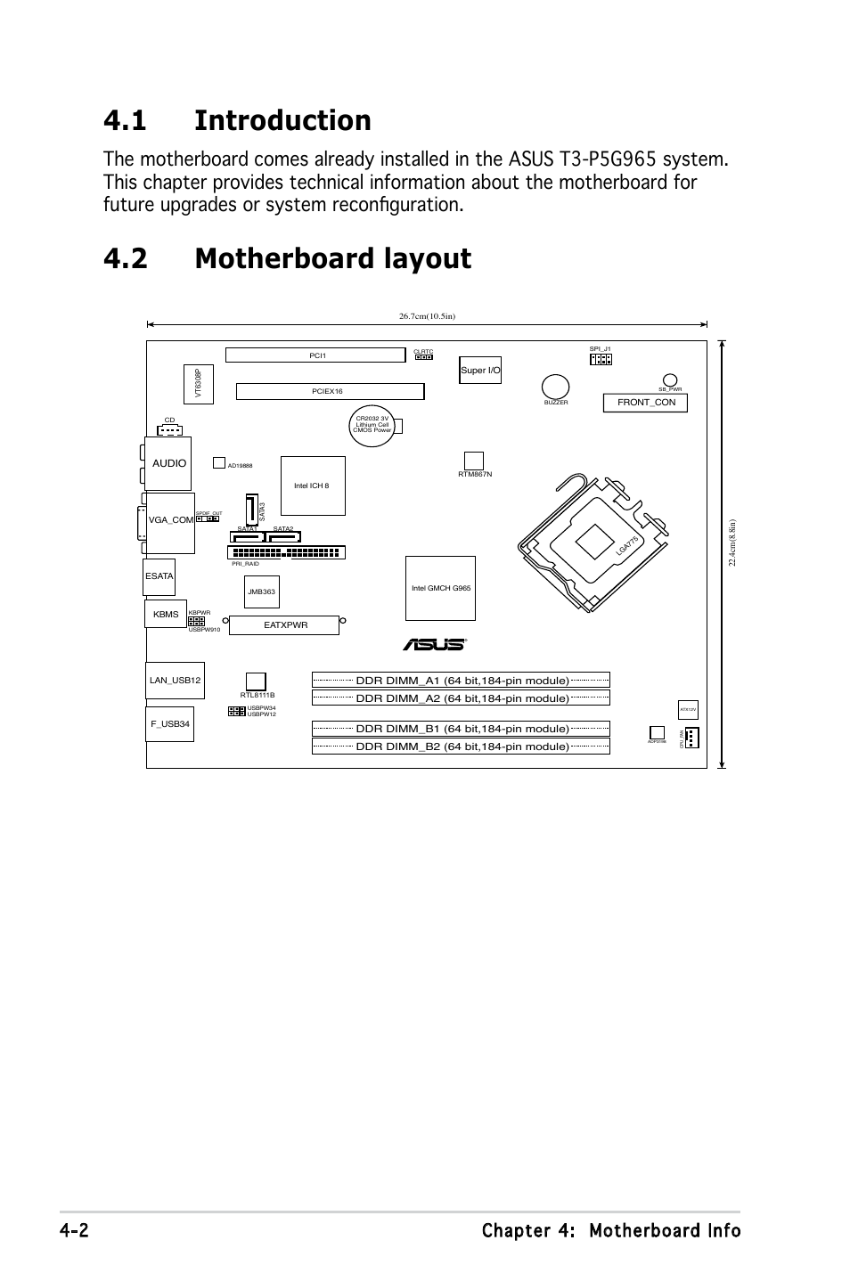 1 introduction, 2 motherboard layout, 2 chapter 4: motherboard info | Asus T3-PH1 User Manual | Page 42 / 82