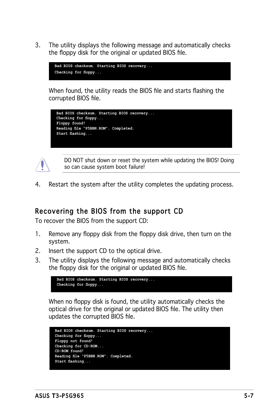 Recovering the bios from the support cd | Asus T3-PH1 User Manual | Page 55 / 82