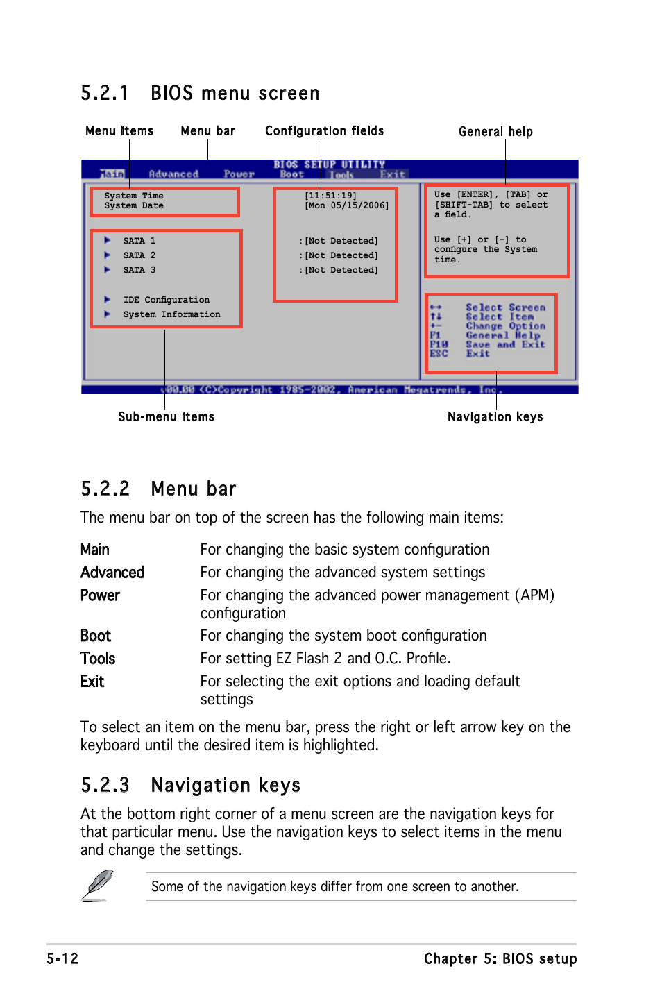 2 menu bar, 1 bios menu screen, 3 navigation keys | Asus T3-PH1 User Manual | Page 60 / 82