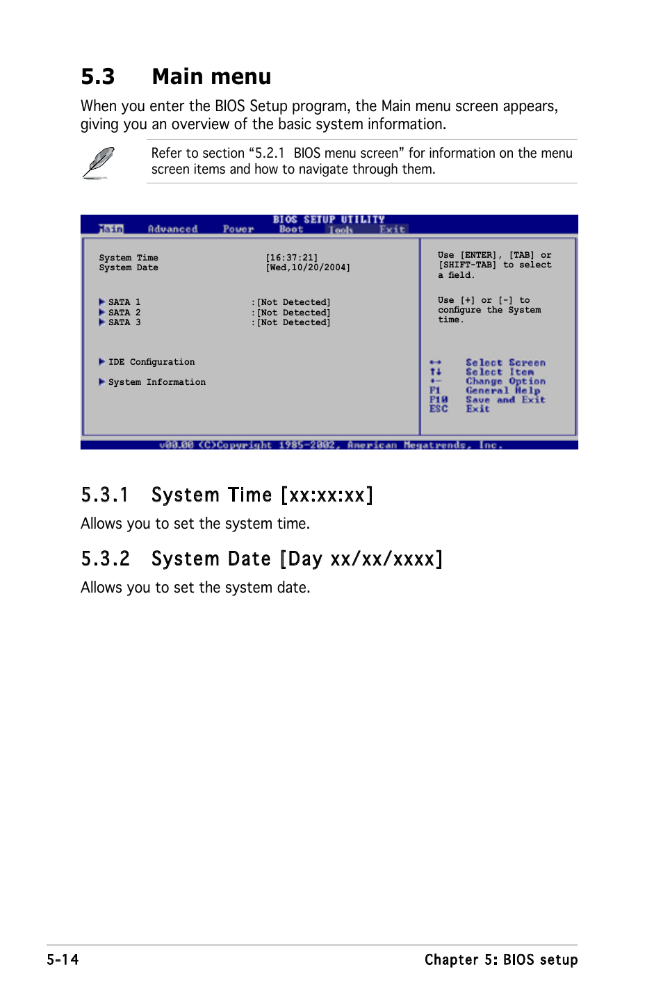 3 main menu, 1 system time [xx:xx:xx, Allows you to set the system time | Allows you to set the system date | Asus T3-PH1 User Manual | Page 62 / 82