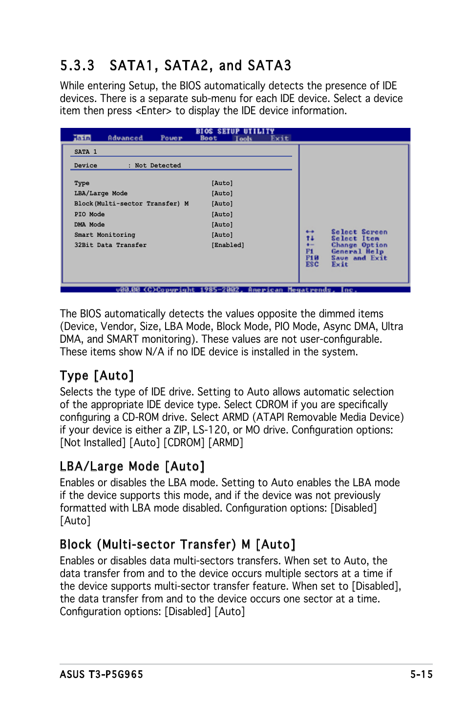 3 sata1, sata2, and sata3, Type [auto, Lba/large mode [auto | Block (multi-sector transfer) m [auto | Asus T3-PH1 User Manual | Page 63 / 82