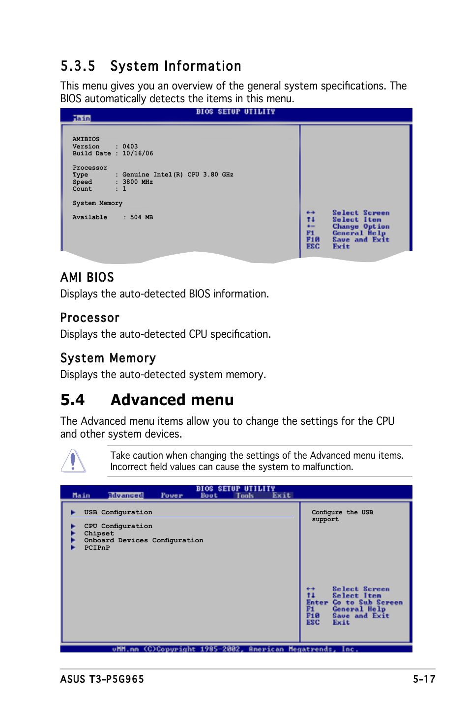 4 advanced menu, 5 system information, Ami bios | Processor | Asus T3-PH1 User Manual | Page 65 / 82