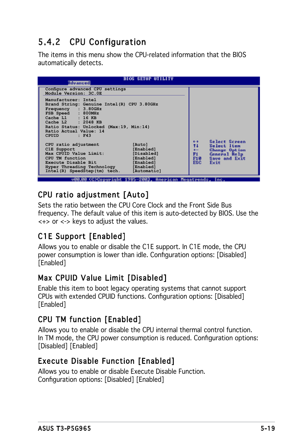 2 cpu configuration, Cpu ratio adjustment [auto, C1e support [enabled | Max cpuid value limit [disabled, Cpu tm function [enabled, Execute disable function [enabled | Asus T3-PH1 User Manual | Page 67 / 82