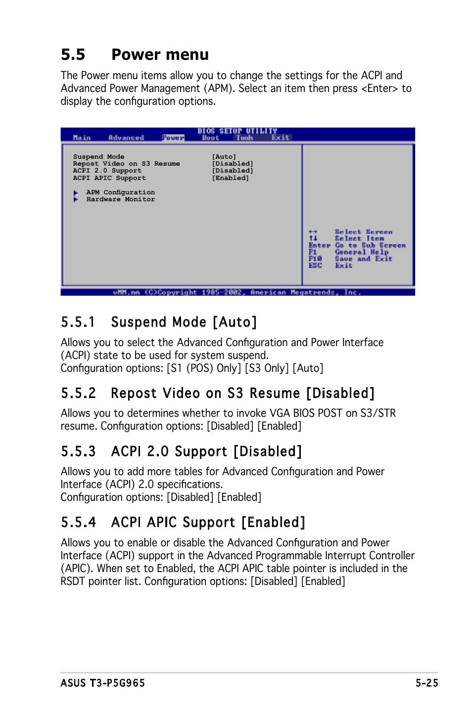 5 power menu, 1 suspend mode [auto, 2 repost video on s3 resume [disabled | 3 acpi 2.0 support [disabled, 4 acpi apic support [enabled | Asus T3-PH1 User Manual | Page 73 / 82