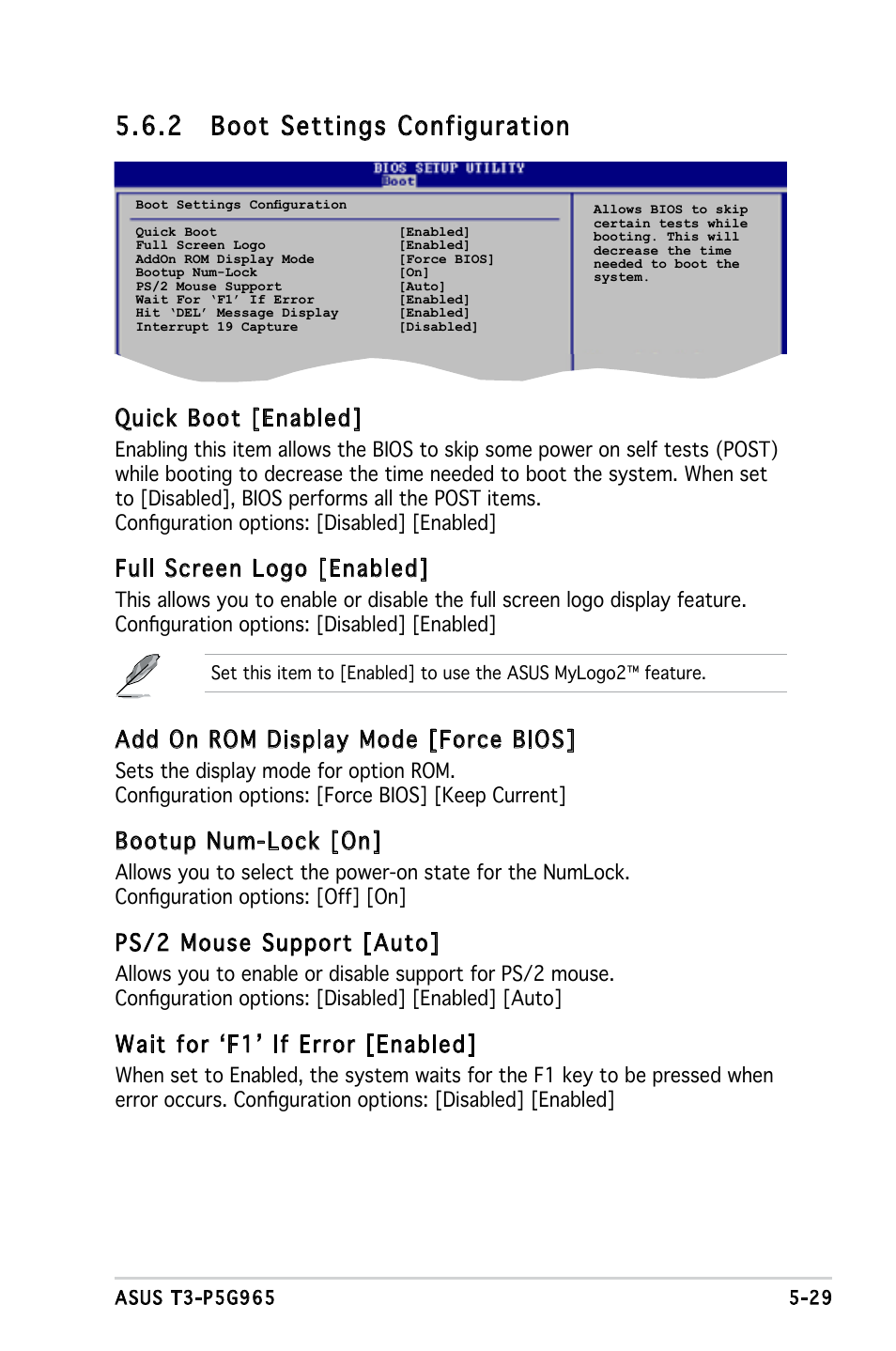 2 boot settings configuration, Quick boot [enabled, Full screen logo [enabled | Add on rom display mode [force bios, Bootup num-lock [on, Ps/2 mouse support [auto, Wait for ‘f1’ if error [enabled | Asus T3-PH1 User Manual | Page 77 / 82