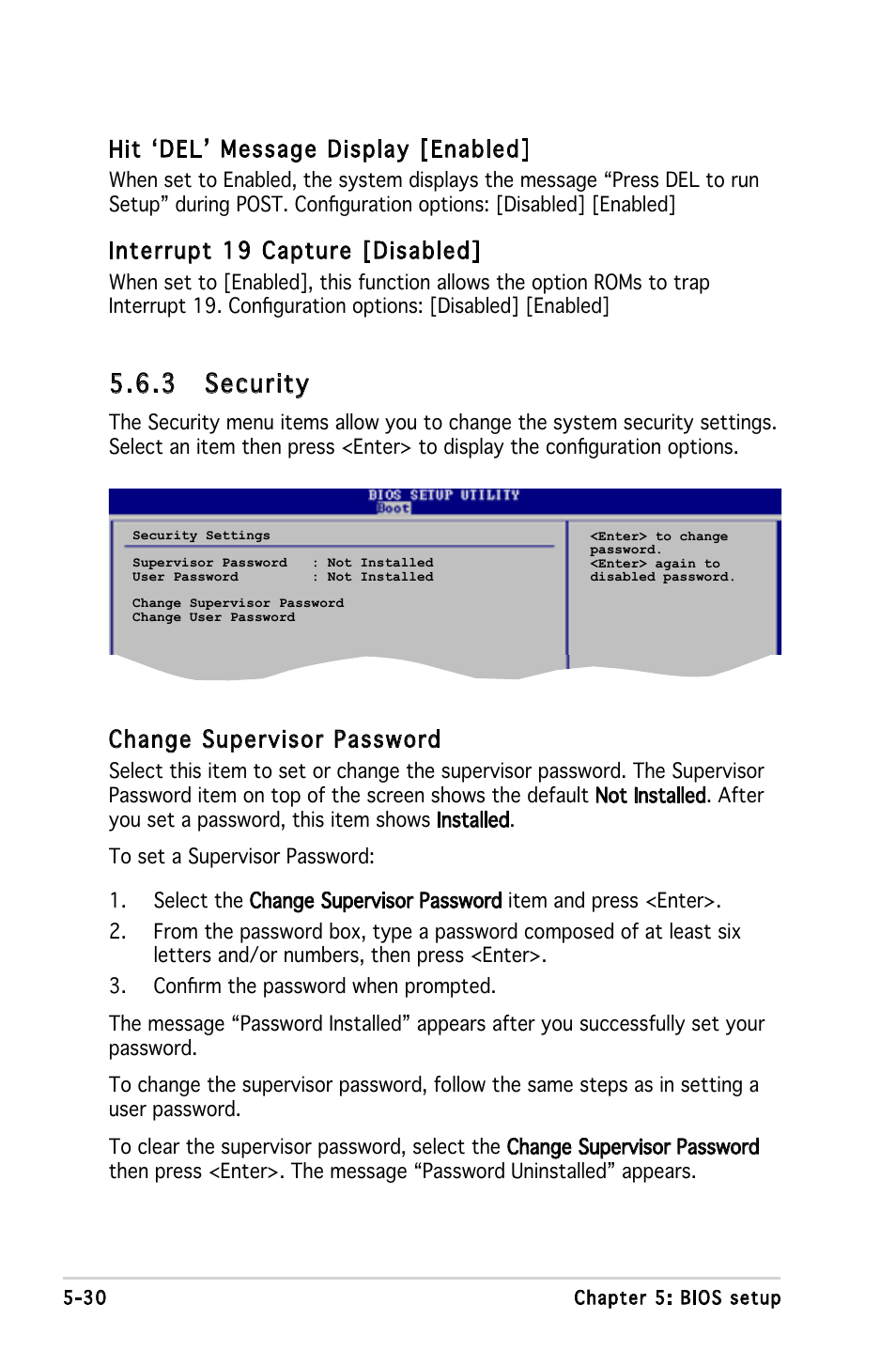 3 security, Hit ‘del’ message display [enabled, Interrupt 19 capture [disabled | Change supervisor password | Asus T3-PH1 User Manual | Page 78 / 82