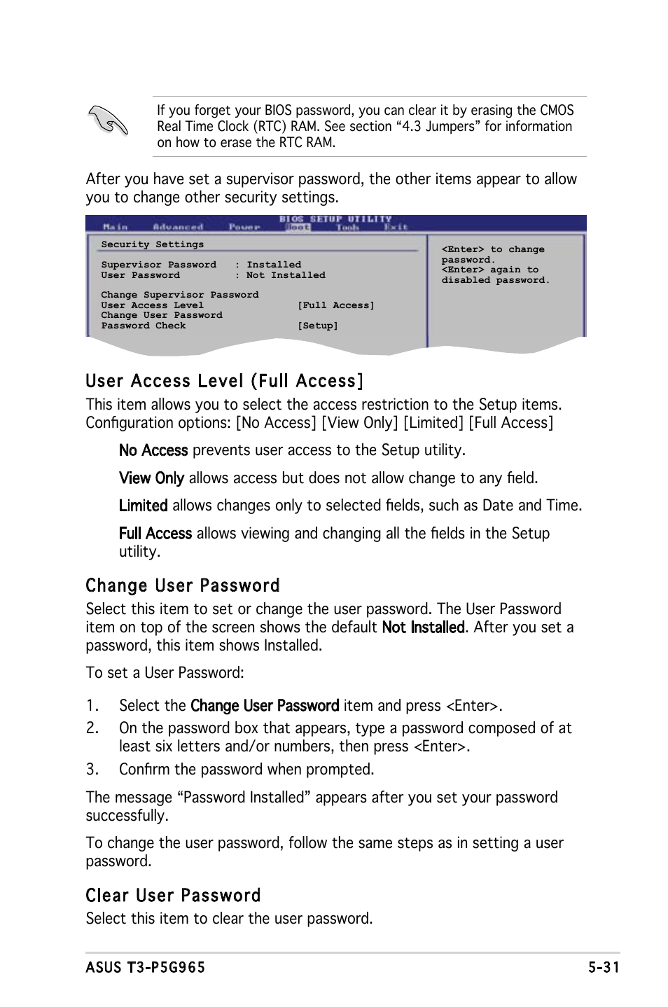 User access level (full access, Change user password, Clear user password | Asus T3-PH1 User Manual | Page 79 / 82